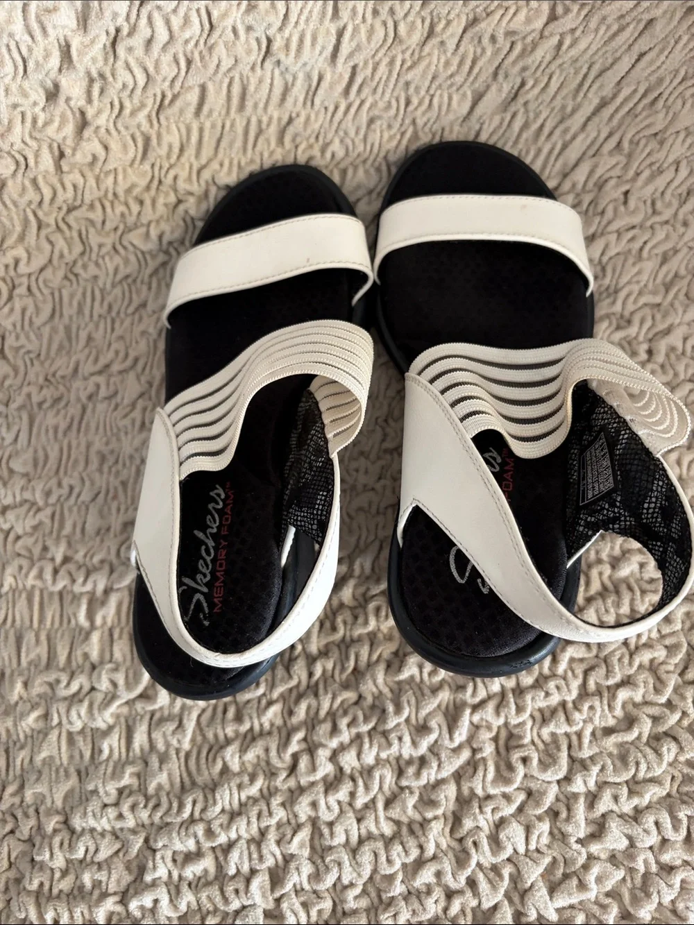 Skechers Memory Foam Women’s Black and White Slip-On Elastic Strap Sandals